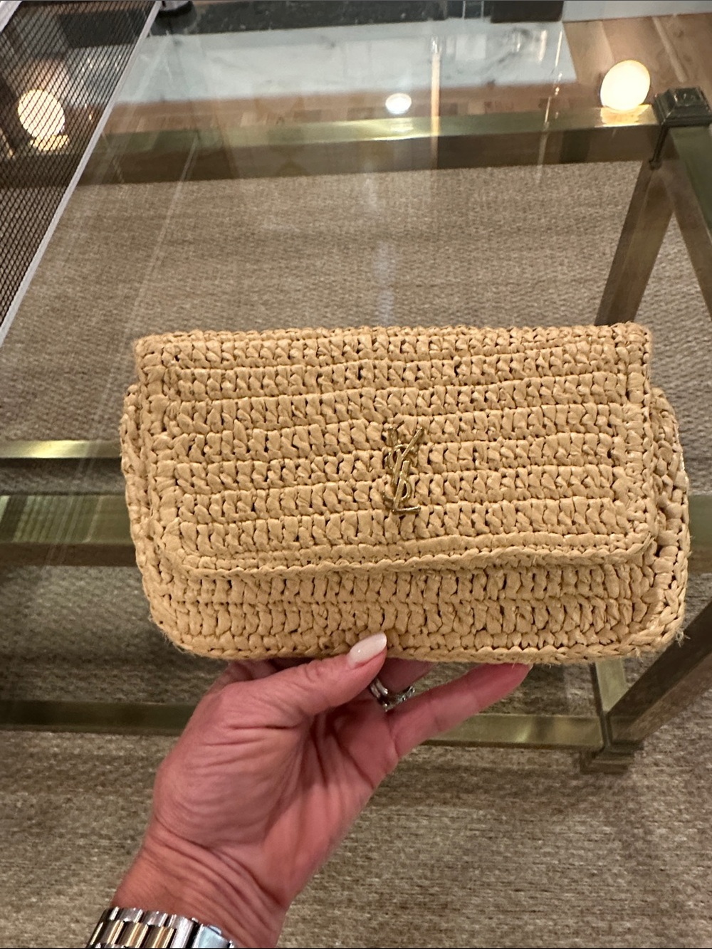 Saint Laurent Natural Raffia clutch/ wallet with Gold YSL Accent